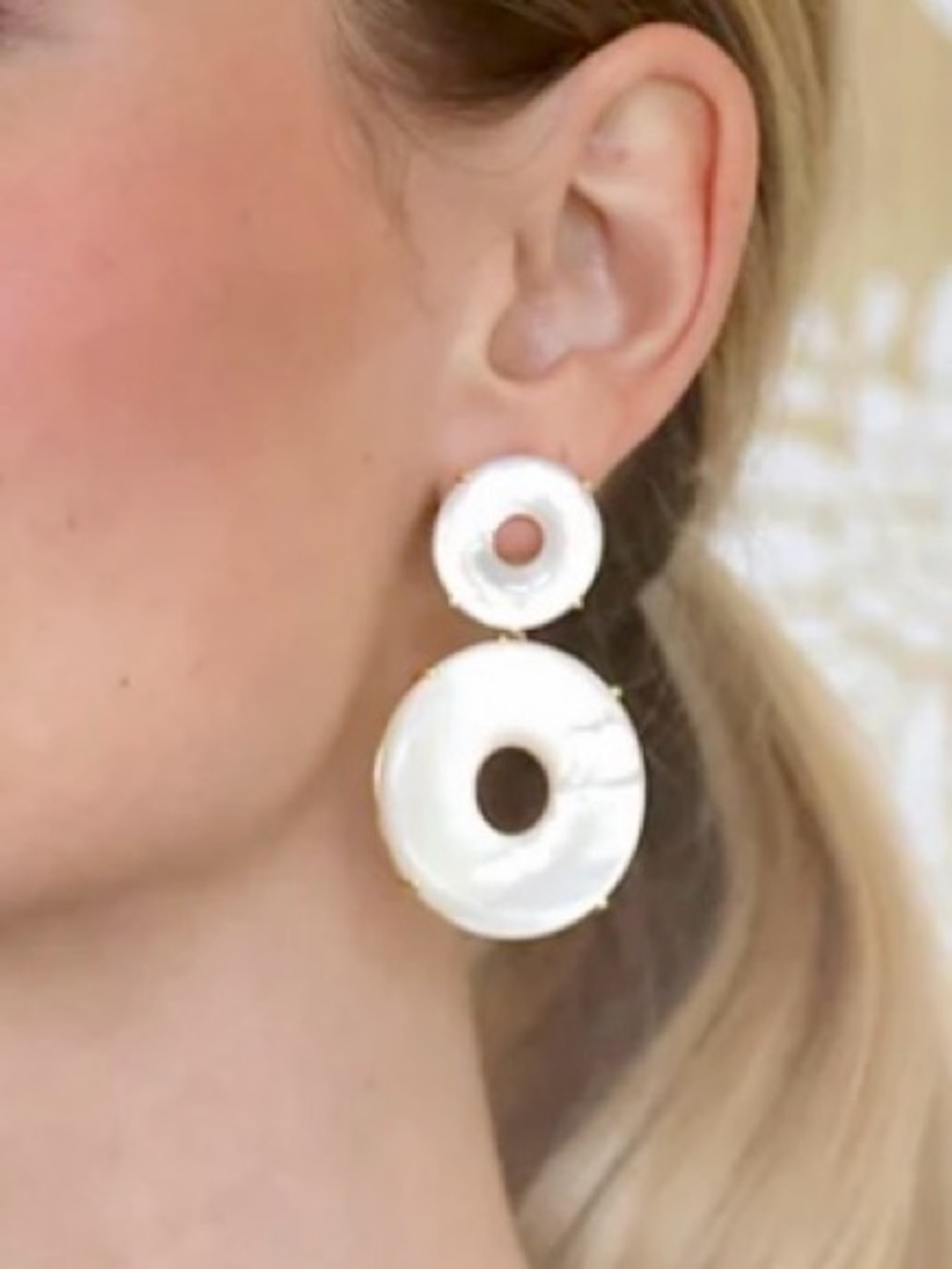 New ASHA Mother-of-Pearl Double Disc Drop Earrings in White - 14k Gold Dipped - Picture 5 of 5